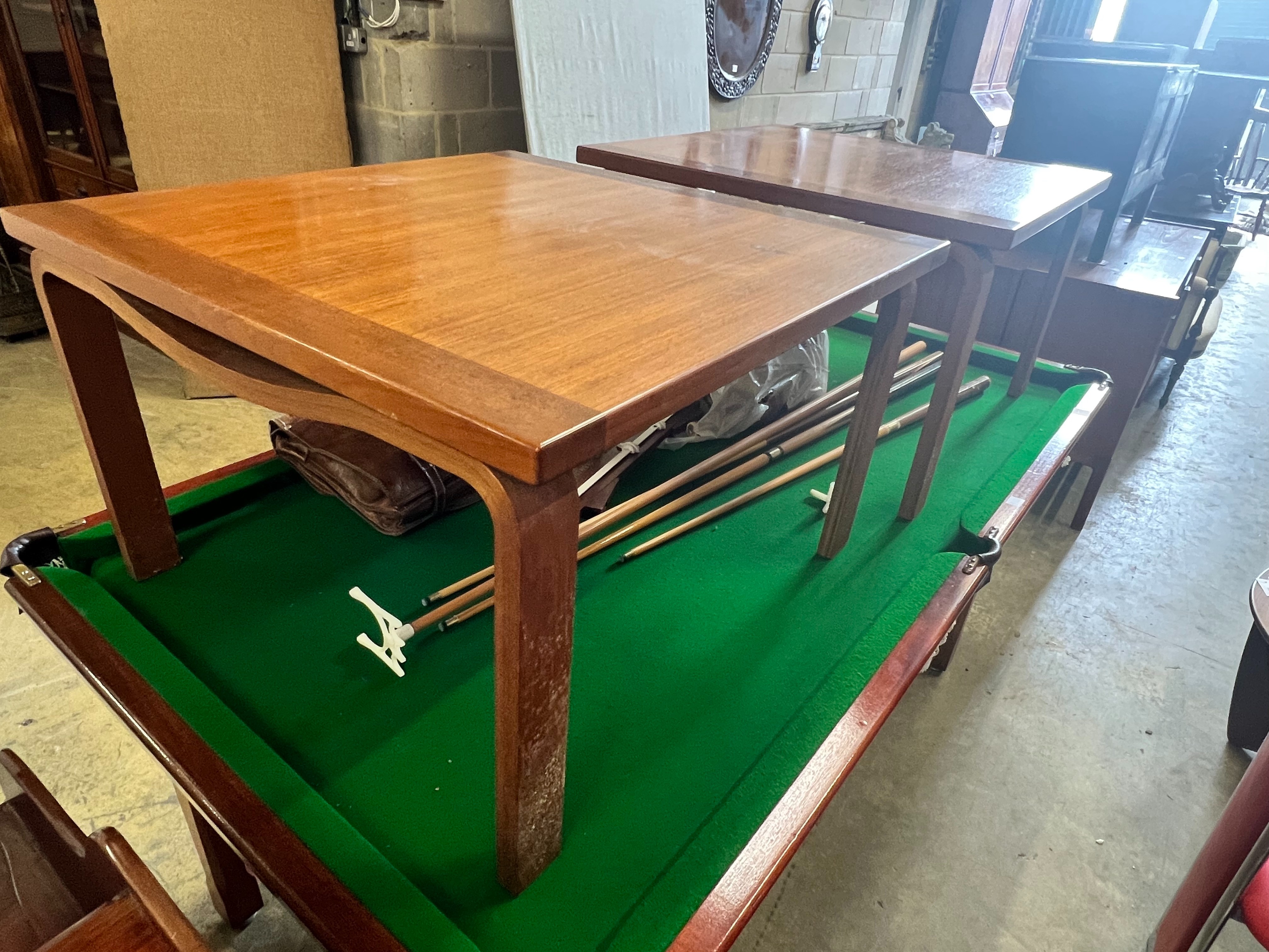 A pair of 1950's Danish teak coffee tables, width 76cm depth 76cm height 47cm